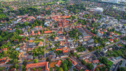 Aerial view of the old town of the city Westerstede in Germany on an sunny spring noon