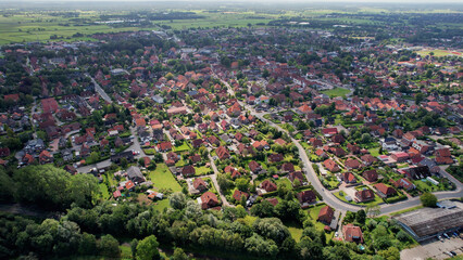Aerial view of the old town of the city Wittmund in Germany on an sunny spring noon

