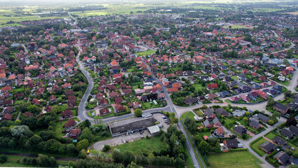 Aerial view of the old town of the city Wittmund in Germany on an overcast day in afternoon