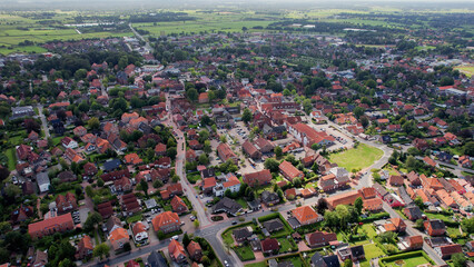 Aerial view of the old town of the city Wittmund in Germany on an overcast day in afternoon