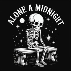 Alone skeleton sitting on bench under starry night sky stars moon