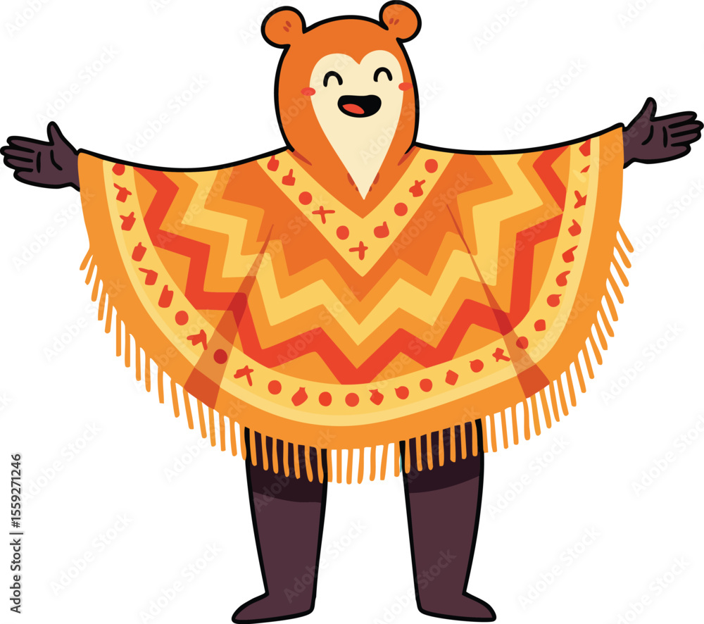 Poster bear character wearing colorful orange poncho with zigzag pattern and fringe joyful expression vecto