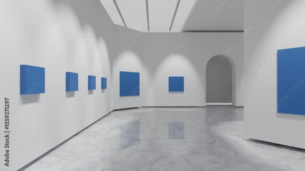 Poster minimalist 3d animation of a clean white gallery space featuring empty blue canvases on walls in a s
