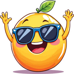 Cool Orange Fruit Character – Vector Illustration of Smiling Orange with Blue Sunglasses, Raised Arms, and Green Leaf