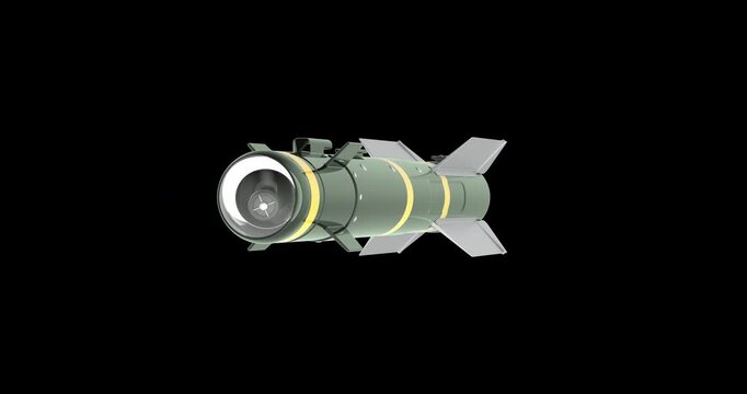 Hellfire missile rotating animation, seamlessly loopable. 3D rendering isolated on transparent background