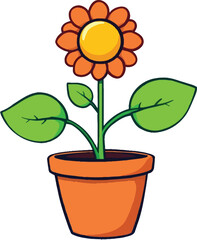 Cartoon Potted Flower – Vector Illustration of Orange Petaled Bloom with Yellow Center and Green Leaves in Orange Pot