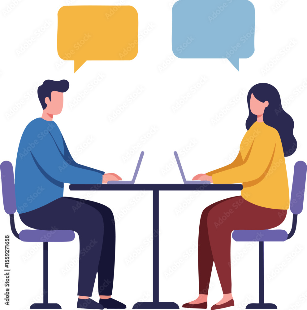 Aufkleber man and woman working on laptops and communicating with speech bubbles in office environment vector 