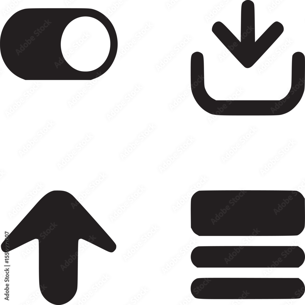 Aufkleber a collection of four distinct black icons displaying a toggle switch, download, upload, and menu sym