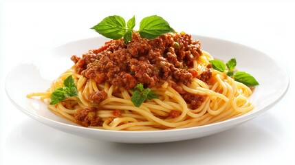 Spaghetti Bolognese with basil and grated cheese
