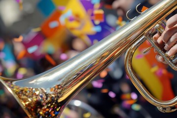Fototapeta premium Musicians play a lively trombone in a bustling parade, surrounded by colorful banners and flying confetti. The atmosphere is filled with excitement and energy as the crowd enjoys the celebration