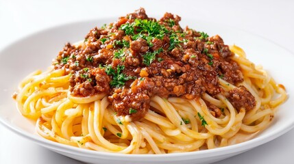 Spaghetti with meat sauce and parsley garnish