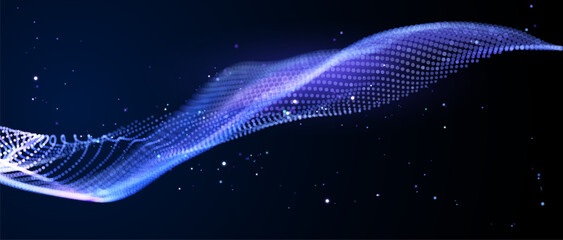 Deep blue digital wave with glowing particles. Cybernetic ocean abstract data visualization. AI-inspired liquid tech background 3D. Holographic particle sea for metaverse. Vector background