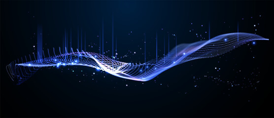 Wavy field of shining data particles in space. Abstract concept represents database, blockchain network, AI learning cloud, digtal network. Perfect for tech presentations