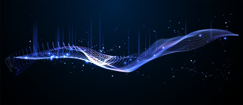 Wavy field of shining data particles in space. Abstract concept represents database, blockchain network, AI learning cloud, digtal network. Perfect for tech presentations