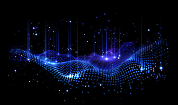 Wavy field of shining data particles in space. Abstract concept represents database, blockchain network, AI learning cloud, digtal network. Perfect for tech presentations