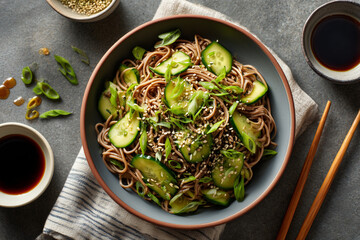 Fresh soba noodle salad with cucumbers and scallions served in a rustic bowl at a cozy dining table