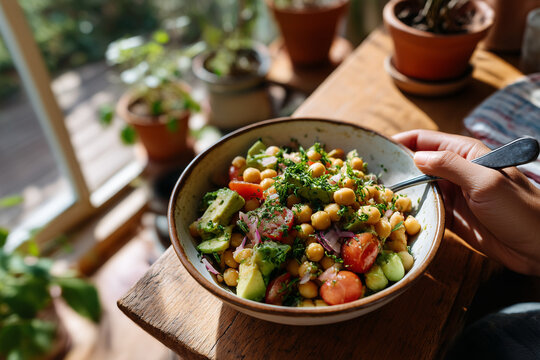 Colorful salad bowl with chickpeas and fresh vegetables on a sunny windowsill
