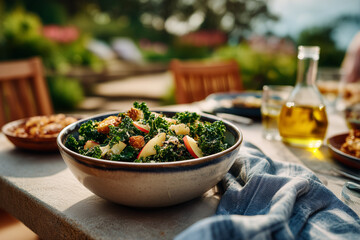 Fresh kale salad served outdoors in a rustic setting during golden hour with olive oil on the table