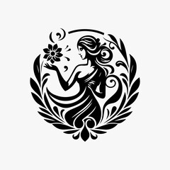 Obraz premium Elegant woman holding a flower, encircled by ornate leaves and floral designs.