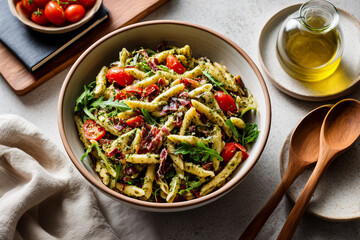 Fresh pasta salad with cherry tomatoes and arugula served in a rustic bowl at a cozy dining table