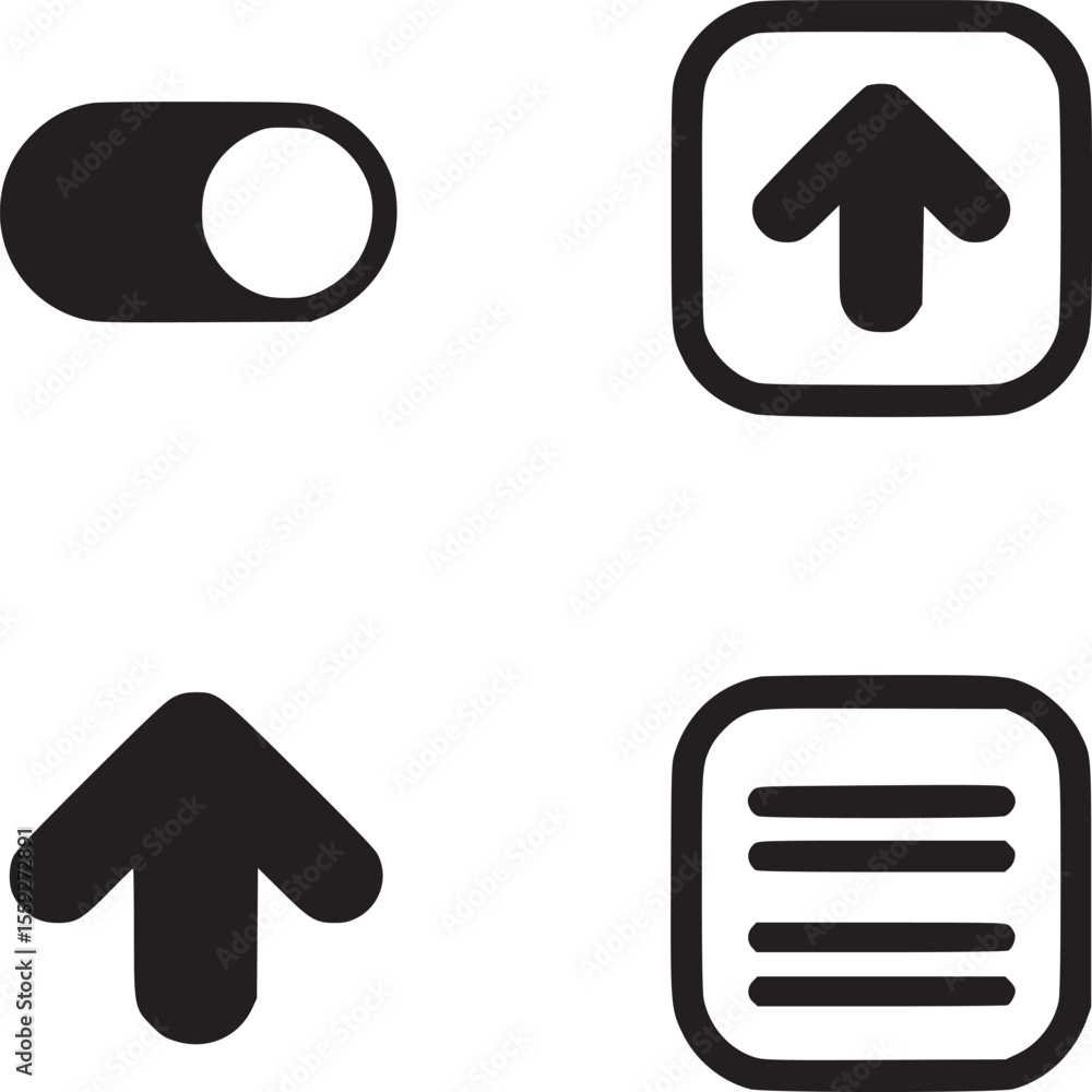 Poster a minimalist display of four distinct black icons on a light gray background in a square layout