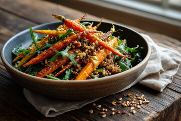 Colorful roasted carrots served on a bed of greens with grains in a rustic bowl on a wooden table