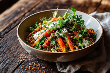 Fresh lentil salad with roasted carrots and herbs served in a rustic bowl on wooden table during lunchtime