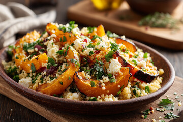 Colorful roasted vegetable salad with couscous served on a rustic wooden table in a cozy kitchen