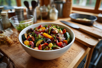 Fresh vegetable salad preparation in a cozy kitchen with natural light during the day