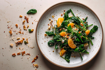 Fresh spinach salad with citrus and crunchy toppings served on a rustic plate