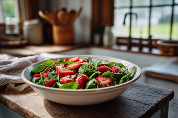 Fresh spinach and strawberry salad prepared in a cozy kitchen with natural light