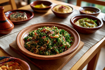Fresh tabbouleh salad served with traditional Middle Eastern dishes on a rustic wooden table