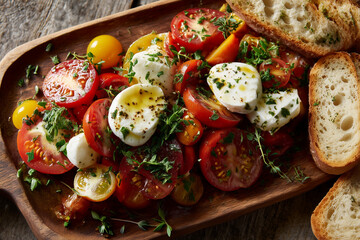 Fresh tomato salad with mozzarella and herbs served with rustic bread