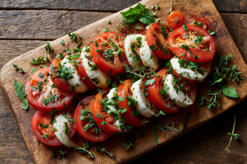 Freshly sliced tomatoes and mozzarella arranged on a wooden cutting board with herbs in a kitchen setting during the day