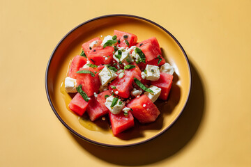 Fresh watermelon salad with feta and mint on a vibrant yellow background