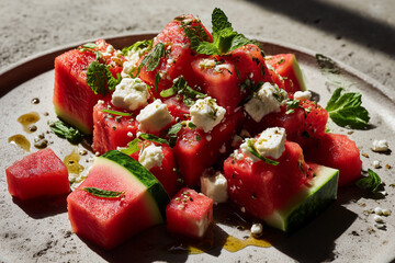 Refreshing watermelon salad with mint and feta served on a rustic plate during a sunny afternoon