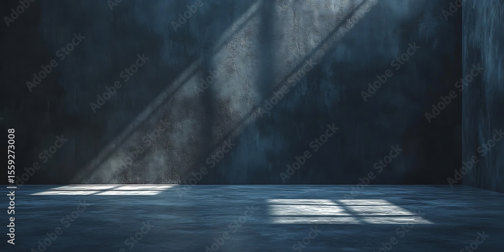 Poster empty grunge room with light rays on concrete wall and floor showing minimalist style and dark atmos