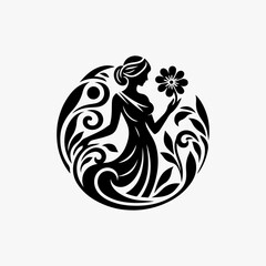 Obraz premium Elegant silhouette of a woman holding a flower, surrounded by swirling leaves and floral elements within a circular frame.