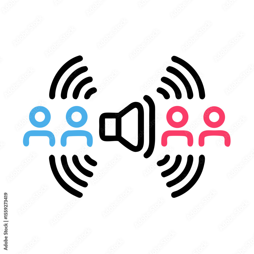 Poster sound wave connecting multiple voices in a vibrant icon design