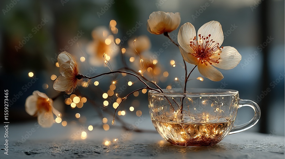 Poster a tea cup with a flower inside sits on a table beside string lights and a branch adorned with blooms