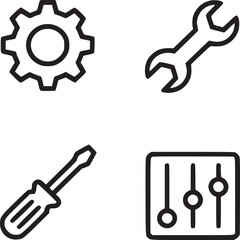 Illustration of a gear, wrench, screwdriver, and adjustment panel displayed as line art icons