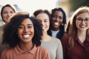 Headshot of five diverse young businesswomen smiling together outdoors
