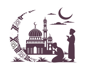 Muslim People Praying Near Mosque Silhouette with Crescent Moon