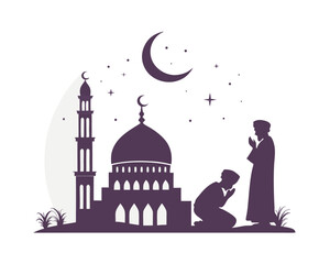 Muslim Man Praying at Night Outside Mosque Under Crescent Moon