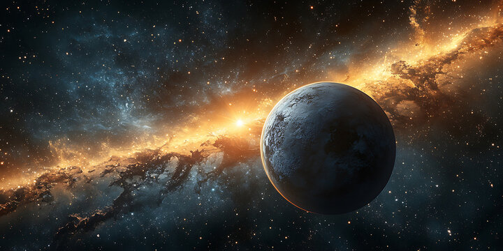 Exoplanet rising among stars nebula a celestial body fantasy galaxy deep space exploration cosmic background - Powered by Adobe