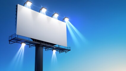 3D Render of a Blank Outdoor Billboard with Spotlights and Blue Gradient Background
