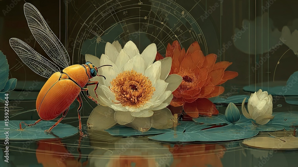 Poster a bug perched atop a bloom, flanked by another bug on a lily pad