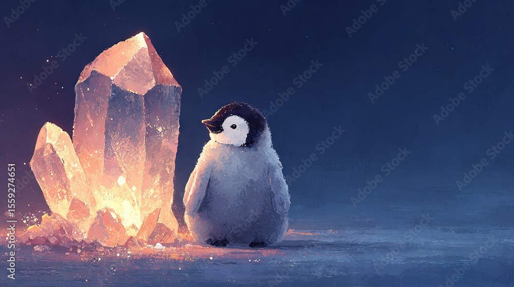 Poster a tiny penguin near a massive rock spewing flames and an illuminated chunk of ice in the background