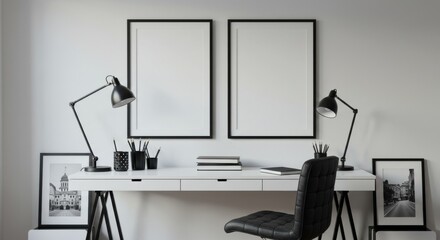Minimalist Workspace Mockup: A serene and modern home office, featuring a sleek desk adorned with lamps, framed artwork, and essential stationery, creating an inviting and inspiring atmosphere.