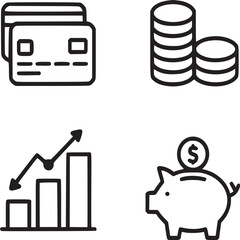A set of four financial icons depicting credit cards coins a graph and a piggy bank in black outline